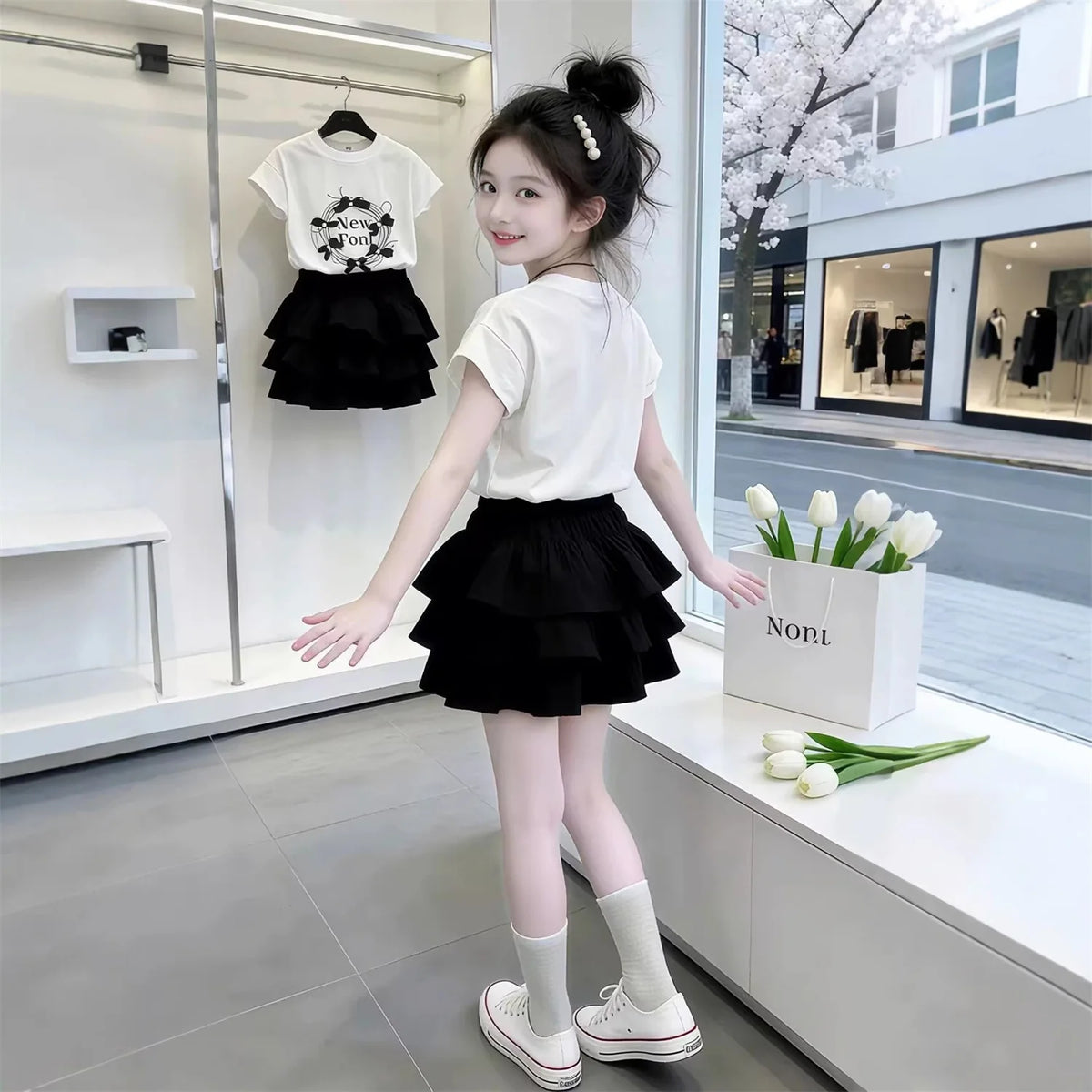 2026 summer Girls set Clothes teenager bow short sleeve t-shirt + Pleated mini tiered layered skirt 4 5 8 10 11 12 year fashion