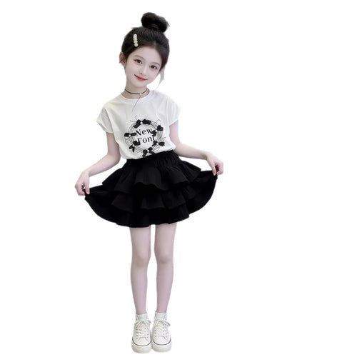 2026 summer Girls set Clothes teenager bow short sleeve t-shirt + Pleated mini tiered layered skirt 4 5 8 10 11 12 year fashion