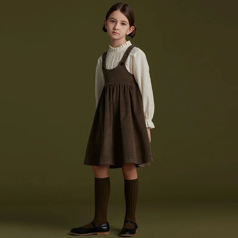 2026 Autumn New Retro Corduroy Adjustable Straps Dress Girls Casual Loose Sleeveless Ruched Dresses Children's Clothing