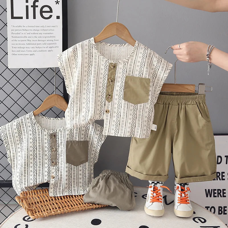 2026 Summer Baby Boys Clothing Set Wave Stripe Tee And Shorts 2 Pcs Kids Clothes Suit Boys Tracksuit